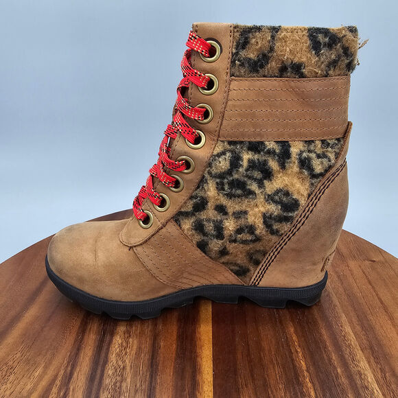 Sorel Lexie Boots Women's 5 Brown Leather Leopard Print Hidden Wedge Lace Up - Picture 7 of 10